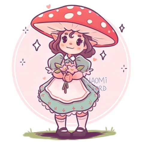 Naomi Lord Art, Cottagecore Drawing, Vintage Mushroom Art, Naomi Lord, Elf Drawings, Cottagecore Kawaii, Mushroom Girl, Fairy Drawings, Little Mushroom