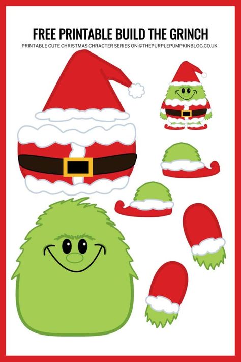 Free Printable Build The Grinch Paper Template (Christmas Craft) Free Printable Christmas Crafts For Kids, Grinch Template Free Printable, Grinch Face Template Free Printable, The Grinch Crafts, Construction Paper Christmas Crafts, Grinch Template, Grinch Crafts For Kids, Grinch Printable, Grinch Coloring Pages