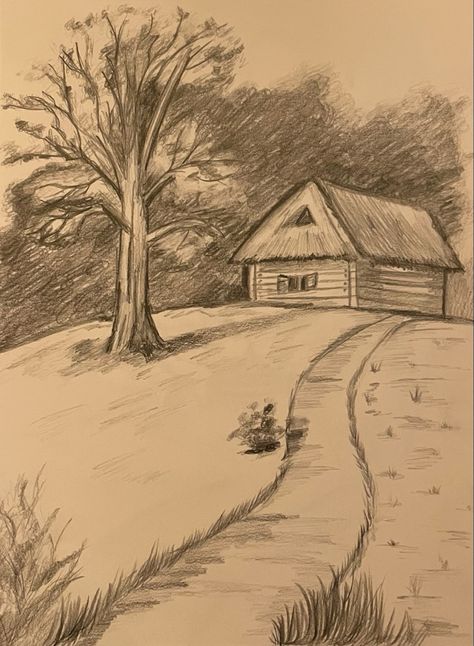 Nature Photography Drawing, Drawings Houses Simple, Imaginative Composition Art, Aesthetic Scenery Sketch, A Landscape Drawing, Landscape Simple Drawing, Drawing Ideas Backgrounds, Land Scape Drawing Reference, Land Scape Drawing Pencil