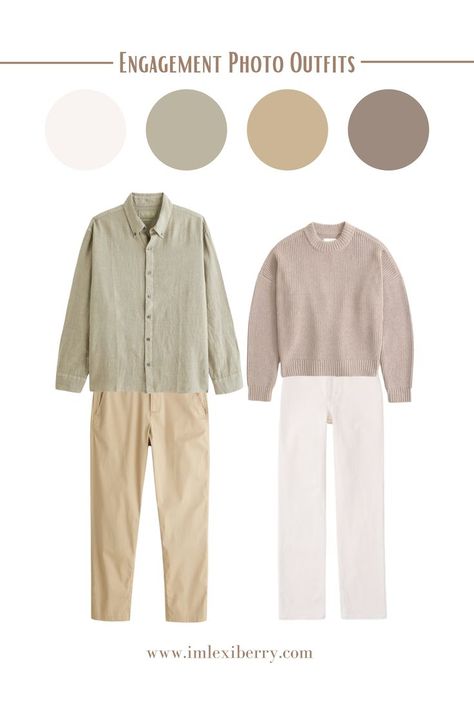 Neutral Outfits Engagement Photos, Neutral Outfit Couple Photoshoot, Men’s Engagement Shoot Outfit, Couples Neutral Photoshoot, Engagement Photo Outfits Men, Engagement Photos Neutral Colors, Men’s Engagement Photo Outfits, Engagement Photo Outfits Fall, Mens Linen