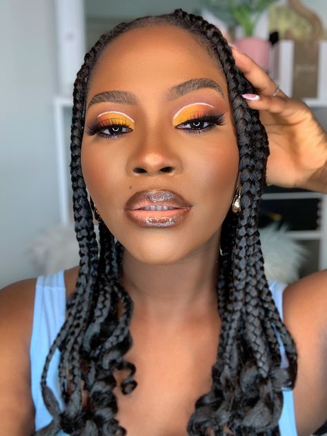 Yellow Eyeshadow Looks Black Women, Orange Eyeshadow Looks Black Women, Yellow Makeup Looks Black Women, Orange And Yellow Eyeshadow, Fall Inspired Makeup, Makeup With Eyeshadow, Orange Eyeshadow Looks, Applying Eyeshadow, Orange Eyeshadow