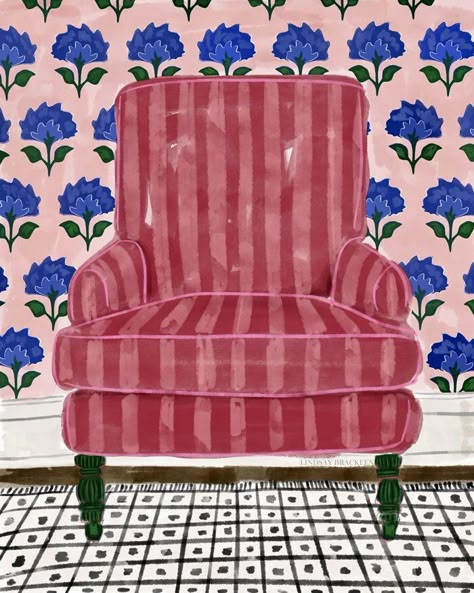 • lindsay brackeen • Eclectic Illustration, Lindsay Brackeen, Chair Watercolor, Home Eclectic, Chair Painting, Paintings Diy, Rug Interior Design, Anthro Style, Chair Art