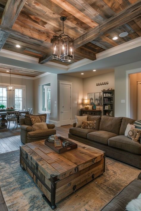 Tray Ceiling Dining Room Ideas, Rustic Coffered Ceiling Ideas, Wood On The Ceiling, Rooms With Wood Ceilings, Wooden Ceiling Living Room, Tray Ceiling With Wood, Wood Plank Ceiling Living Room, Beam Ceiling Living Room, Farmhouse Living Room Ceiling