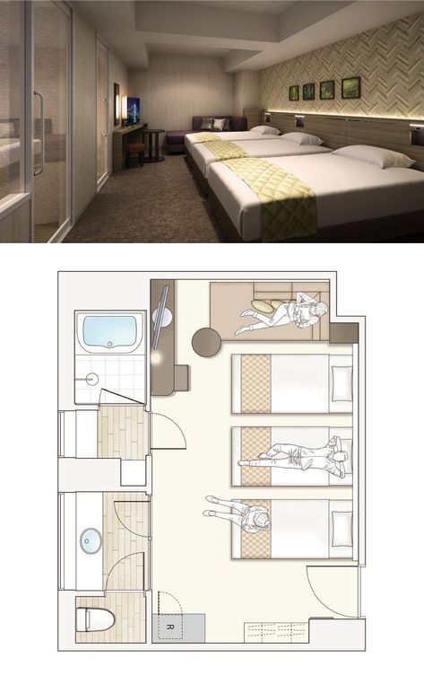 Triple Room Hotel, Japanese Hotel Room, Hotel Room Layout, Renovation Old House, Triple Bedroom, Suite Room Hotel, Luxury Dorm, Hotel Room Plan, Small Hotel Room