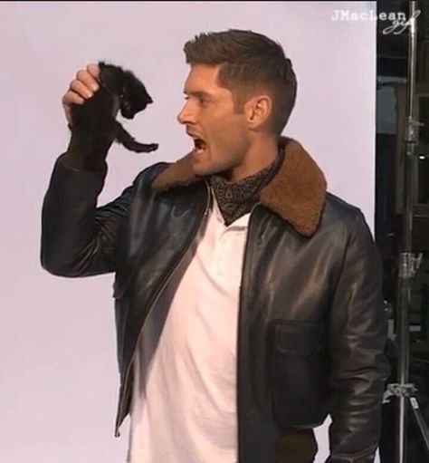 Kitten vs Dean!  Behind the scenes of EW shoot. Supernatural Halloween, Jared Jensen, Supernatural Series, Jesen Ackles, Supernatural Jensen, Winchester Supernatural, Sam Dean, Winchester Boys, Jared And Jensen