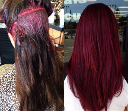 Behind The Chair - red formula Matrix SOCOLOR Formula: 3 oz. 5VR + ½ oz. 3VR + 1 oz. SoRed RV + 20-volume developer + ½ oz. Olaplex: Red Velvet Color, Cherry Cola Hair Color, Jamie Taylor, Pelo Color Vino, Cherry Cola Hair, Haircuts Ideas, Behind The Chair, Hair Color Formulas, Violet Hair