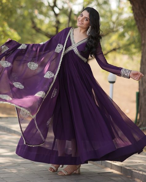 Maroon And Purple Colour Georgette Fabric Heavy Zari And Sequins Work Evening Party Gown With Dupatta For Trendy Looks CATALOG: 14275 Price Range Rs. 1305/- Just click on the link for any assistance: https://wa.me/919409462680 #ShortKurti #CasualWear #Fancy #Ethnic #Designer #Kurti #ShortKurti #Smart #Dress #Saree #SalwarKameez #EthnicDress #LoveForEthnic #FestiveWear #Shopping #Family #Gift #Girlish #Wedding #Function #Party #HerDress #Wardrobe #bollywoodstylefile #Gowns #ReadymadeDress ... Alia Cut Anarkali, Anarkali Gown With Dupatta, Diwali Wear, Alia Cut, Gown With Dupatta, Georgette Dupatta, Anarkali Gown, Purple Pants, Evening Party Gowns