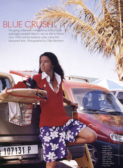 "BLUE CRUSH", Adriana Lima by Gilles Bensimon. | Elle Magazine February 2003 ( ... Gilles Bensimon is hands down one of my favorite fashion photographers, especially the era when he was creative director of Elle US. - AJordanGordon ) Blue Crush Movie, Crush Photography, Gilles Bensimon, Adriana Lima Young, Roxy Surf, Elle Us, Surfer Style, 90s Models, Blue Crush