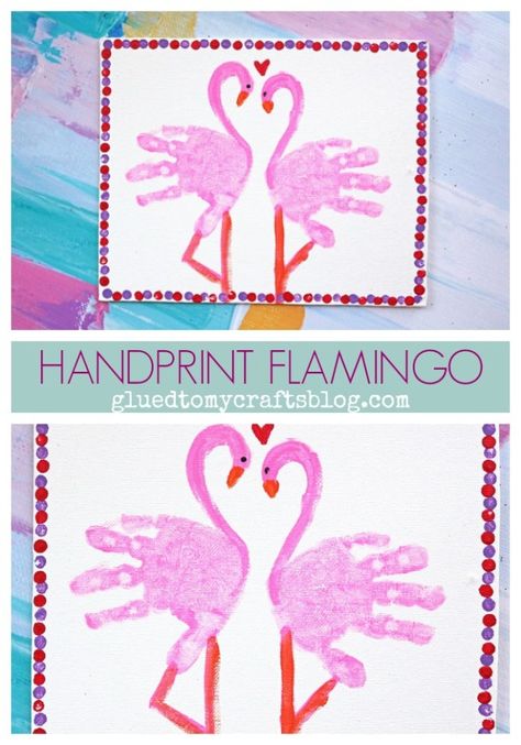 Handprint Flamingo {Kid Canvas Craft} Hand Print Art, Flamingo Canvas, Saint Valentin Diy, Valentines Bricolage, February Crafts, Footprint Crafts, Valentine's Day Crafts For Kids, Toddler Valentines, Valentine Crafts For Kids