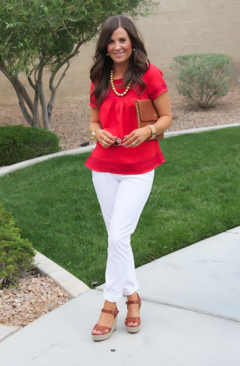 Red Linen Blouse, White Skinny Jeans, Wedge Sandals, Madewell, Banana Republic, J.Crew Red Outfit Ideas, Northeast Girl, Summer Work Wardrobe, Sandals Outfit Summer, White Pants Outfit, White Jeans Outfit, Capsule Outfits, Red Blouse, Summer Break