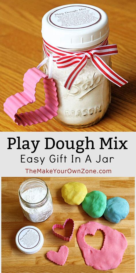 This homemade play dough mix in a jar is a quick and easy DIY jar gift that's a fun and frugal way to make your own play dough. A nice idea for a teacher gift too! Teacher Food Gifts, Diy Play Dough, Cheap Homemade Gifts, Meal Kits Diy, Play Dough Gift, Diy Sensory Toys, Kids Play Dough, Class Christmas Gifts, Mix In A Jar