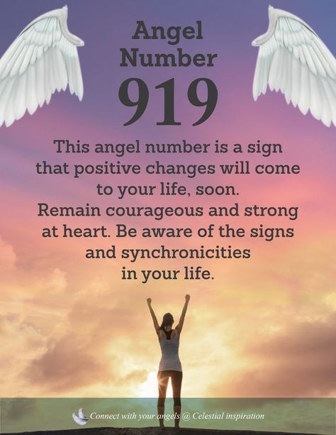 Angel Number 919 Angel Number 919 This angel number is a sign that positive changes will come to your life, soon. Remain courageous and strong at heart. Be aware of the signs and synchronicities in your life.  ... less Spirit Messages, Numerology Life Path, Appreciate Life Quotes, Angel Signs, Angel Number Meanings, Switch Words, Say A Prayer, Girl Boss Motivation, Positive Changes