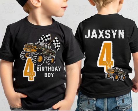 Matching Family Shirts (Single Sided): https://parlayapparel.etsy.com/listing/1766556663/birthday-boy-monster-truck-shirts-for Please Note: This listing is for a single shirt! To order matching custom  shirts you must add each shirt to your cart and check out!  Our designs are printed on high-quality gender-neutral shirts made of soft cotton. They are super soft, cozy, durable and come in unisex sizes.  *Need a specific size, color or design? Send us a message & we will do our best to make it ha Monster Jam Tshirt Ideas, Monster Truck 2nd Birthday Party Ideas, Neutral Shirts, Monster Truck Birthday Party Ideas, Monster Truck Birthday Shirt, 3rd Birthday Boy, Monster Jam Birthday Party, 3rd Birthday Party For Boy, Monster Truck Shirt