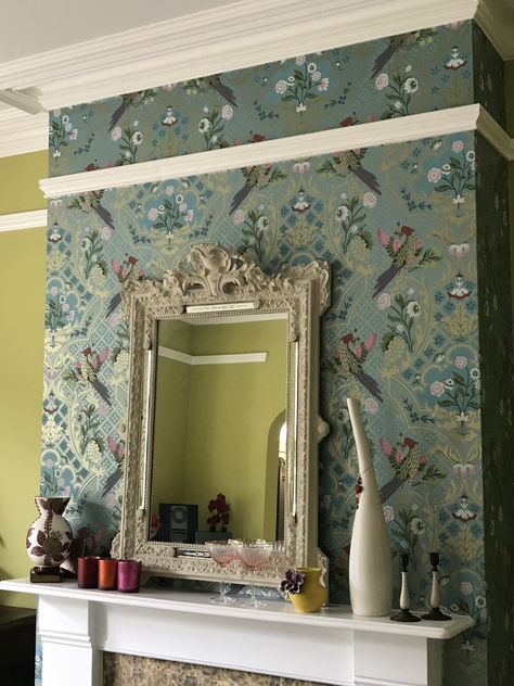 Wallpapered Chimney Breast, Wallpaper On Fireplace, Wallpaper Chimney Breast, Chimney Breast Decor, Wallpaper Above Fireplace, Feature Wall Ideas Living Room Wallpaper, Wallpaper Around Fireplace, Wallpaper Fireplace Wall, Chimney Breast Wallpaper