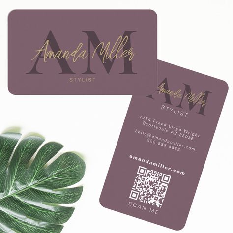 Buisness Cards, Qr Code Business Card, Double Sided Business Cards, Elegant Monogram, Modern Monogram, Dusty Purple, Card A, Personal Business Cards, Purple Gold