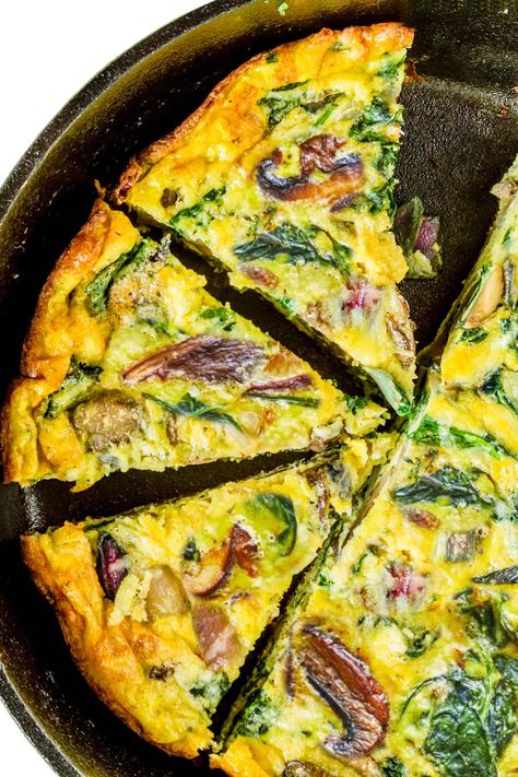 Easy Spinach Mushroom Frittata - Erren's Kitchen Spinach Mushroom, Sausage Spinach Frittata, Fritatta Spinach Mushroom, Spinach Mushroom Frittata Recipes, Fritata Recipe Bacon Spinach, Spinach Mushroom Frittata, Mushroom Tomato Frittata, Fritata Recipe, Mushroom Frittata