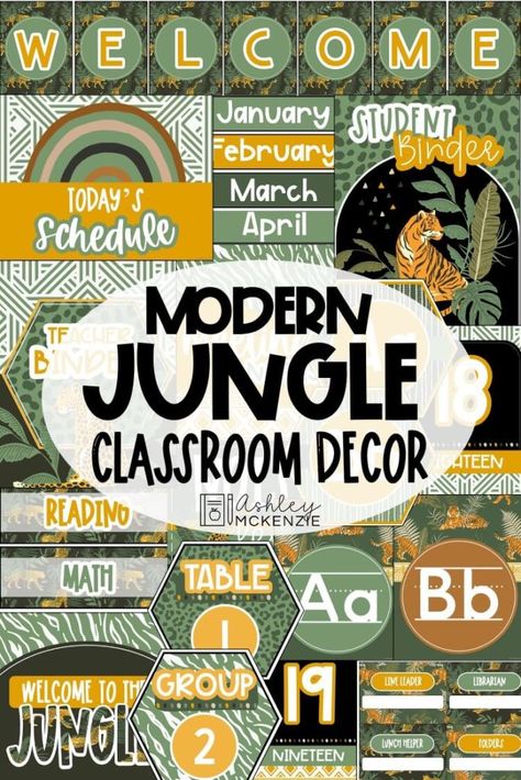 Modern Jungle Printable Classroom Decor Modern Jungle Classroom, Jungle Classroom Decor, Jungle Theme Classroom Decorations, Rainforest Classroom, Safari Theme Classroom, Preschool Jungle, Jungle Classroom, Ashley Mckenzie, Themed Classroom Decor