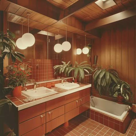 70s Home Decor Bathroom, 70s House Bathroom, Retro Brown Bathroom, Large Vintage Bathroom, Retro 70s Bathroom, Mid Century Style Bathroom, Bauhaus Bathroom Design, Mid Century Small Apartment, Modern 70s Bathroom