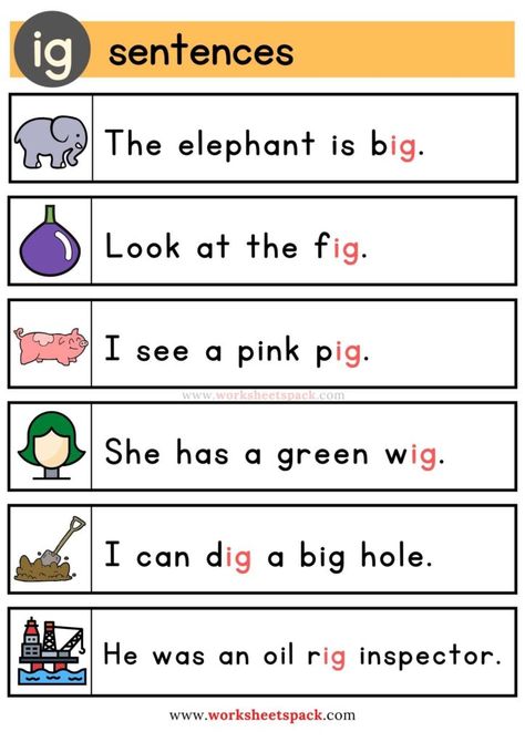 Free Ig Word Family Sentences - Printable and Online Worksheets Pack Sentences With Digraphs, At Family Sentences, Ig Word Family Worksheet, Ig Words Worksheet, Ig Family Words, Ig Words, Family Exercises, Ig Word Family, Words Worksheets For Kindergarten