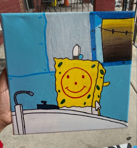 Spongebob Aesthetic Painting, Sponge Bob Canvas Painting, Sponge Bob Painting Ideas, Spongebob Scenes To Paint, Canvas Painting Ideas Spongebob, Aesthetic Small Paintings, Sponge Bob Painting Canvas, Cartoon Characters Paintings, Aesthetic Cartoon Painting Easy