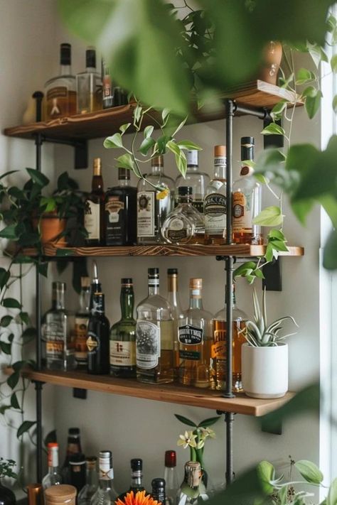 Creative DIY Bar Shelf Ideas for Your Home Shelf For Glasses Bar, Bourbon Display Ideas For Home, Drinks Shelf Ideas, Bourbon Cabinet Ideas, Alcohol Bar For Home, Diy Bar Decor, Wine Shelf Ideas, Liquor Bar Ideas For Home, Apartment Bar Ideas