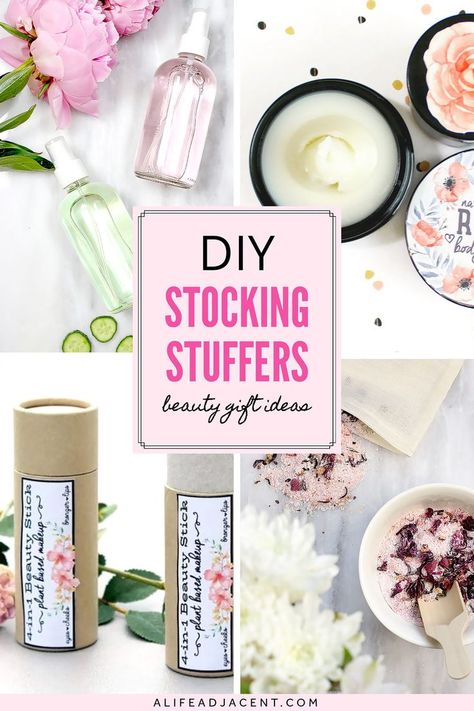 Photo collage of DIY stocking stuffers beauty gift ideas including homemade make up setting spray, rose body butter, vegan cream blush stick, and bath soak. How To Make Homemade Lip Gloss, Stocking Stuffers Homemade, Diy Cream Blush, Easy Diy Stocking, Easy Diy Stockings, Homemade Stocking Stuffers, Diy Makeup Setting Spray, Homemade Body Lotion, Beauty Gift Ideas