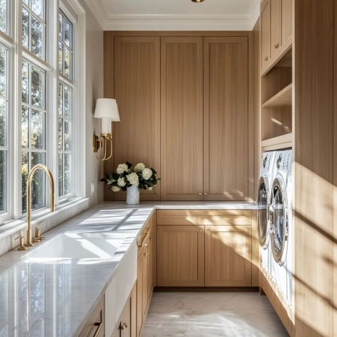 After a busy long weekend, what’s better than tackling chores in a beautifully designed space? Check out this stunning laundry room, where style meets efficiency. From custom cabinetry to chic finishes, every detail is crafted to elevate your daily routine. Ready to reinvent your space? Let’s make your home as beautiful as it is practical. ✨ Design. @cielo.and.oak #laundryroomdesign #laundry #render #3d #aidesign #luxuryliving #luxuryhomes #Interiordesign #homemakeover #interiorforinspo #in... Natural Wood Cabinets Laundry Room, Laundry Room With Oak Cabinets, Oak Laundry Room, Laundry Room Cabinetry, Cabinets Laundry Room, Honey Oak Cabinets, Honey Oak, Oak Cabinets, Laundry Room Design