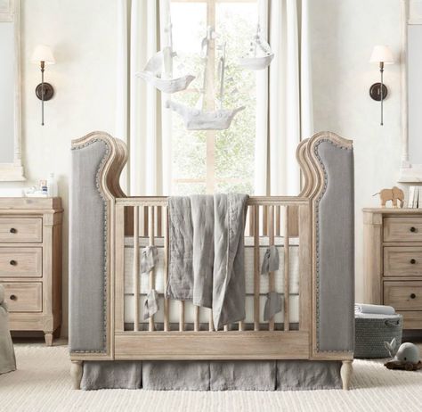 Tufted crib from RH Baby & Child Tufted Crib, Upholstered Crib, Luxury Baby Crib, Best Baby Cribs, Luxury Nursery, Restoration Hardware Baby, Upscale Furniture, Rh Baby, Baby Boy Room Nursery