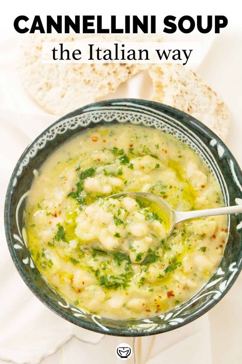 This is a spectacular Italian white bean soup with big bold flavors, I cook it the way my mum used to: loaded with garlic, parsley, chilli and good extra virgin olive oil. So hearty, comforting, it takes a few basic and inexpensive ingredients and it's ready in 20 minutes! #quickandeasydinnerrecipes #quickhealthydinner #cheapmeals #healthydinnerrecipes #beansoup Garlic Bean Soup, Soups With Cannellini Beans, Nausea Soup, Simple White Bean Soup, Foods With Garlic, Cannellini Soup, Cannellini Bean Recipes, Italian White Bean Soup, Quick Healthy Dinner