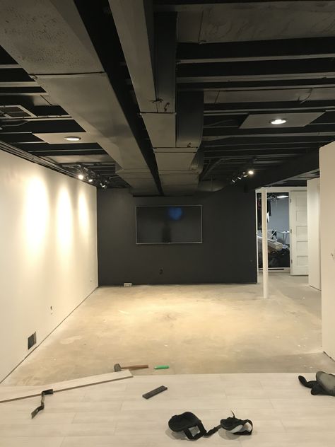 Painted Exposed Basement Ceiling, Black Basement Ceiling, Unfinished Basement Ceiling, Exposed Basement Ceiling, Basement Ceiling Painted, Cheap Basement Remodel, Diy Finish Basement, Industrial Basement, Open Basement