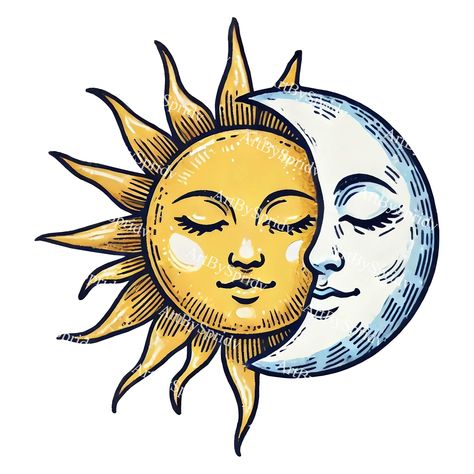 Alchemy Illustration Art, Celestial Sun Drawing, Talavera Sun And Moon, Sun And Moon Clipart, Sun Png Aesthetic, Boho Sun Art, Celestial Drawing Ideas, Sun Whimsigoth, Sun And Moon Art Drawings