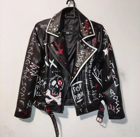 Painted Leather Jacket Punk, Diy Leather Jacket, Leather Jacket Design, Punk Leather Jacket, Painted Leather Jacket, Graphic Jackets, Custom Leather Jackets, Motorcycle Suit, Diy Jacket