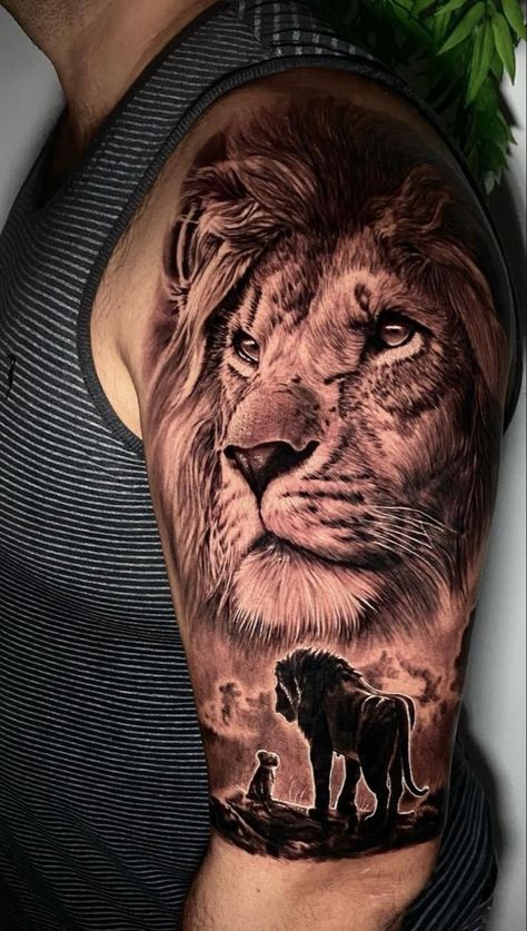 Lion On Shoulder Tattoo, Lion Reflection Tattoo, Lion Lioness Tattoo, Mufasa Tattoo, Lion And Cubs Tattoo, Lion Family Tattoo, Leo Lion Tattoos, Reflection Tattoo, Lion And Lioness Tattoo