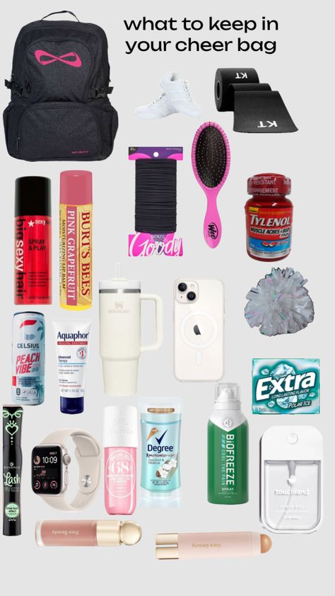 what to keep in your cheer bag 6th Grade Tips, Cheer Practice Outfits, Cheer Games, Cheerleading Bags, School Backpack Essentials, Basketball Cheers, Cheer Bag, Cheer Workouts, High School Cheer