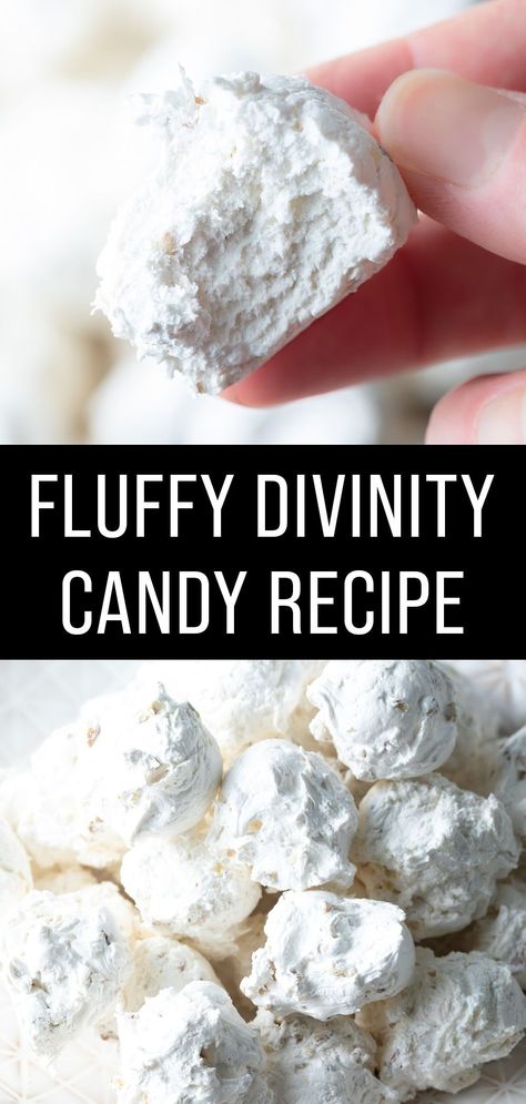 This Divinity Candy Recipe is a classic Southern candy that’s slightly crispy on the outside, with chopped pecans folded in a fluffy nougat interior. Christmas Divinity Candy Recipes, Keto Divinity Candy Recipe, How To Make Divinity Candy, Divinity Frosting Recipe, Holiday Candies Recipes, See’s Candy Recipes, Sees Candy Rum Nougat Recipe, Ragtag Candy Recipe, Handmade Candy Recipes