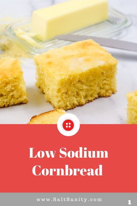 You can mix this Low Sodium Cornbread up in minutes! It’s moist, tender, and a little sweet with only 27 mg sodium per serving! Low Sodium Cornbread, Low Sodium Cornbread Recipe, Low Sodium Chili, Easy Low Sodium Recipes, Low Sodium Bread, Low Sodium Recipes Heart, Healthy Cornbread, Low Sodium Snacks, Easy Cornbread Recipe