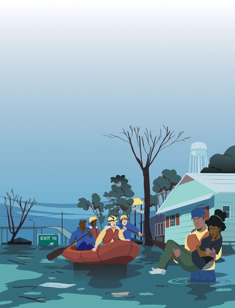 Rescue during Hurricane Katrina floods #hurricane #extremeweather #illustration Poster Bencana Alam Banjir, Water Flood Drawing, Flood Infographics, Floods Drawing, Rescue Illustration, Natural Disasters Floods, Flood Rescue, Land Slide, Handmade Leather Work