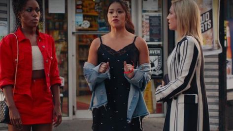 Someone Great Movie, Someone Great, Collage Outfits, Gina Rodriguez, Great Outfits, Movie Black, Black Slip Dress, Movies Outfit, Red Skirt