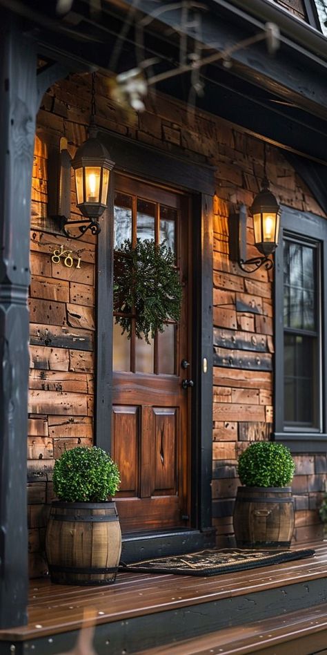 Rustic Front Entrance, Rustic House Exterior, Rustic Front Door, Front Porch Lighting, Cabin Exterior, Front Porch Decorating, Front Door Design, Porch Lighting, House Entrance