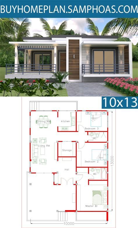 3 Bedrooms Home Design Plan 10x12m - SamPhoas Plan Flat House Design, Small Modern House Plans, Affordable House Plans, Interior Design Plan, Modern Bungalow House, Simple House Design, House Plan Gallery, House Construction Plan, Simple House Plans