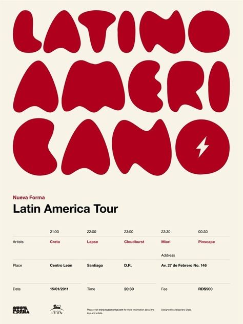 Nueva Forma Latin America Tour Poster Latino Design, Posters Inspiration, Best Typography, Latino Art, Typography Images, Typography Hand Drawn, Tour Poster, Tour Posters, Festival Posters