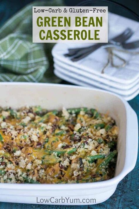 A low carb gluten free green bean casserole recipe // cheese green bean casserole // recipe for green bean casserole // mushroom green bean casserole // #lowcarb #glutenfree #casserole Gluten Free Green Bean Casserole Recipe, Cheese Green Bean Casserole, Keto Green Bean Casserole, Gluten Free Green Bean Casserole, Healthy Green Bean Casserole, Healthy Green Beans, Homemade Green Bean Casserole, Green Bean Casserole Recipe, Keto Green