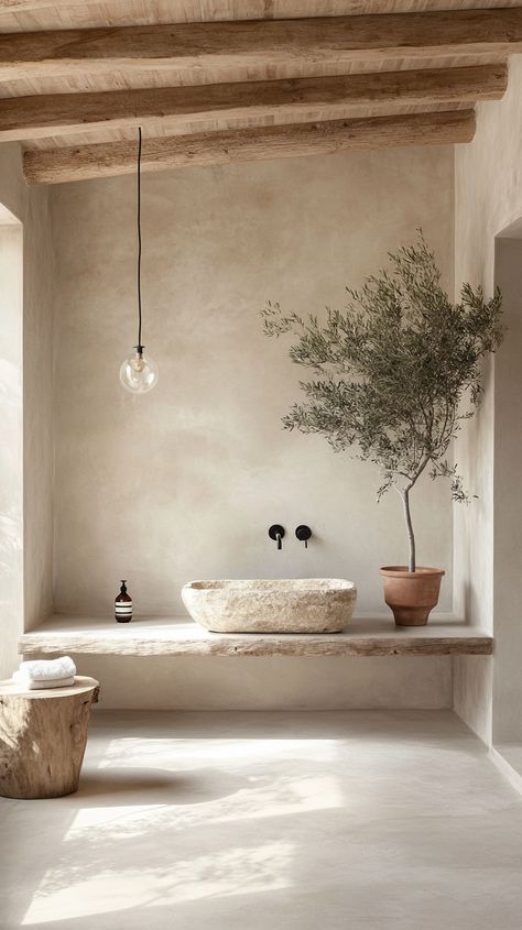 A serene, minimalist bathroom with a rustic yet modern aesthetic. The walls are smooth, light beige plaster with soft curves, paired with a large, frameless glass window offering ample natural light. The floor features polished concrete in a matching neutral tone, and a custom-built bench spans one wall. A wooden slab serves as a central bench or table, its organic shape preserved. A freestanding, rustic stone basin sits centrally, paired with matte black fixtures. A small olive tree in a terracotta pot adds natural greenery. The ceiling features an exposed wooden beam, with a single, industrial hanging lightbulb for ambient lighting, landscape format. Earth Tone Bathroom, Earthy Bathroom, Mediterranean Interior, Concrete Bathroom, Beige Bathroom, Bathroom Inspiration Decor, Minimalist Bathroom, Bathroom Style, House Inspo