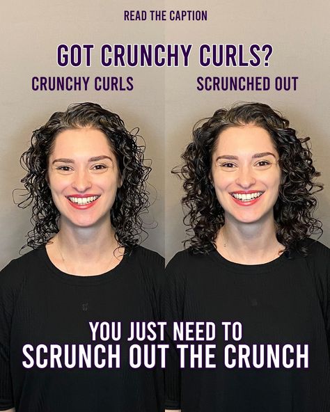 HOW TO GET RID OF CRUNCHY CURLS ⬇️⁣ ⁣ Frustrated that your curls always end up crispy and crunchy once they’ve dried? ⁣ ⁣ This crunchiness is called a cast and it is not your finished result! You still have one more step until your washday is complete.⁣ ⁣ You need to…⁣ SCRUNCH OUT THE CRUNCH (SOTC)! ⁣ ⁣ A cast is a crispy shell that forms over your curls, normally after using gel or mousse, and it protects your curls, keeping them defined whilst they’re drying. Once your hair is dry (or if yo... How To Scrunch Your Hair, Crunchy Hair, Scrunched Hair, One More Step, Dry Hair, Curly Hair, Curly Hair Styles, It Cast, Hair