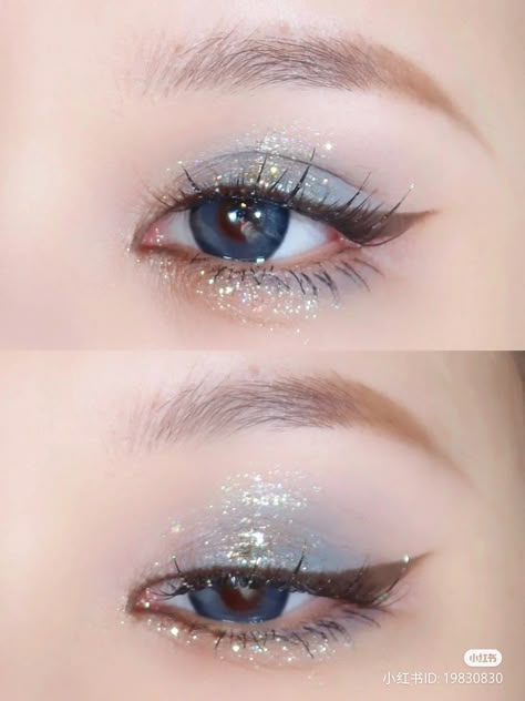 Blue Shimmery Eye Makeup, Light Blue And Silver Makeup Looks, Blue Korean Makeup, Eye Makeup Chinese, Sky Blue Makeup Look, Soft Blue Eye Makeup, Prom Makeup For Blue Eyes, Light Blue Prom Makeup, Sky Blue Makeup