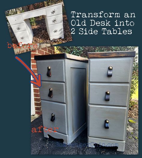 DIY Nightstands from an old Desk - Scavenger Chic Desk To Nightstand Diy, Desk Repurpose Ideas, Desk Upcycle Ideas, Diy Nightstands, Upcycle Desk, Repurposed Desk, Refurbish Ideas, Desk Makeover Diy, Waverly Chalk Paint