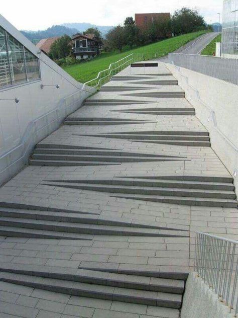 Amazing dual function stairs. Wheelchair ramps as well as stairs Ramp And Stairs Architecture, Ramps Architecture, Stair Design Architecture, Ramp Stairs, Landscape Stairs, Ramp Design, Building Stairs, Stairs Architecture, Outdoor Stairs