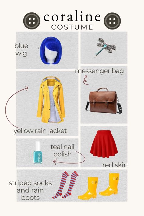 DIY Coraline Costume Ideas for Adults on Halloween Adult Homemade Halloween Costume Ideas, Unique Single Halloween Costumes, Coraline Diy Costume, Coraline Costume Ideas, Coraline Costume Diy, Diy Coraline Costume, Halloween Costumes Coraline, Caroline Costume, Easy Halloween Costumes Diy