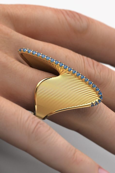 Modern Ring With Natural Precious Gemstone 18k or 14k Gold - Etsy South Korea Large Gold Ring, Art Jewelry Ring, Twisted Gold Ring, Mobius Ring, Rare Jewelry, Modern Jewellery Design, Jewelry Illustration, Fancy Rings, Gold Rings Fashion