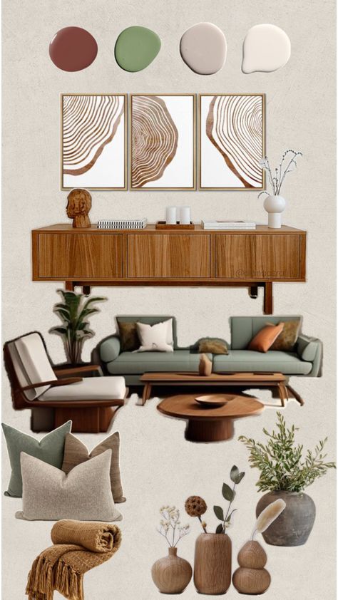 Modern organic living room mood board with tones of browns beige greens and woods giving the feeling of nature. Organic Mood Board, Modern Mood Board, Modern Organic, Organic Modern, Mood Board, Texture